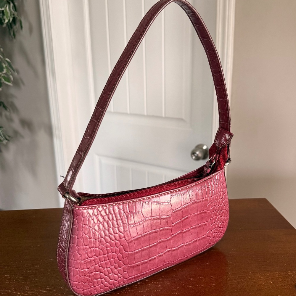 Nine West Burgundy Croc Embossed Y2K Mini Shoulder Baguette Bag